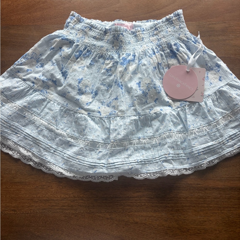 LoveShackFancy Pale Blue Floral Tiered Skirt
